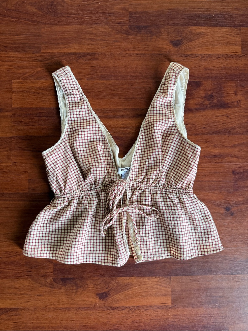 RSQ Cream and Red Plaid Cropped Peplum Tie-Front Top